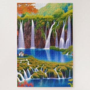 Puzzle Lacs Plitvice, Croatie Cascades en Art d'automne