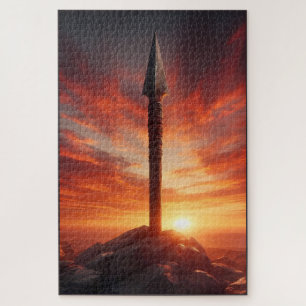 Puzzle Lance Épique dans un Paysage de Coucher de Soleil
