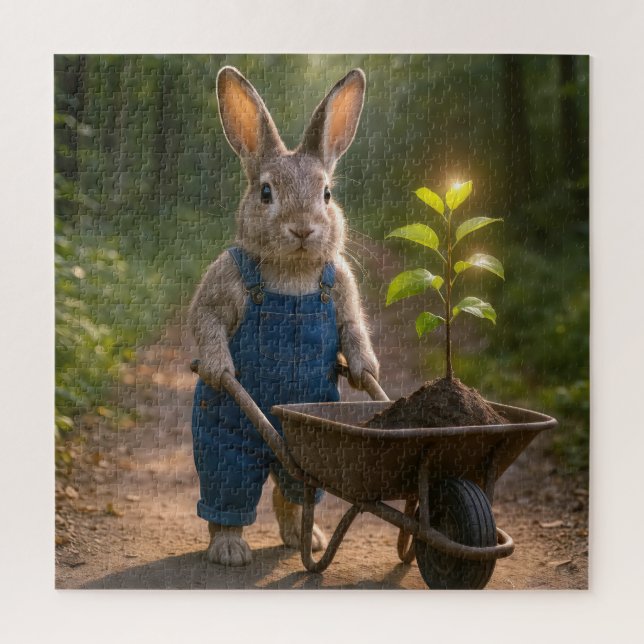 Puzzle Lapin avec agrafage d'arbre dans une brouette (Vertical)