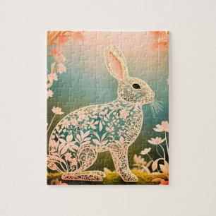 Puzzle Lapin d'art de printemps à fleurs blanches 