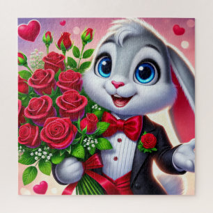 Puzzle Lapin de dessin animé charmant tenant des roses