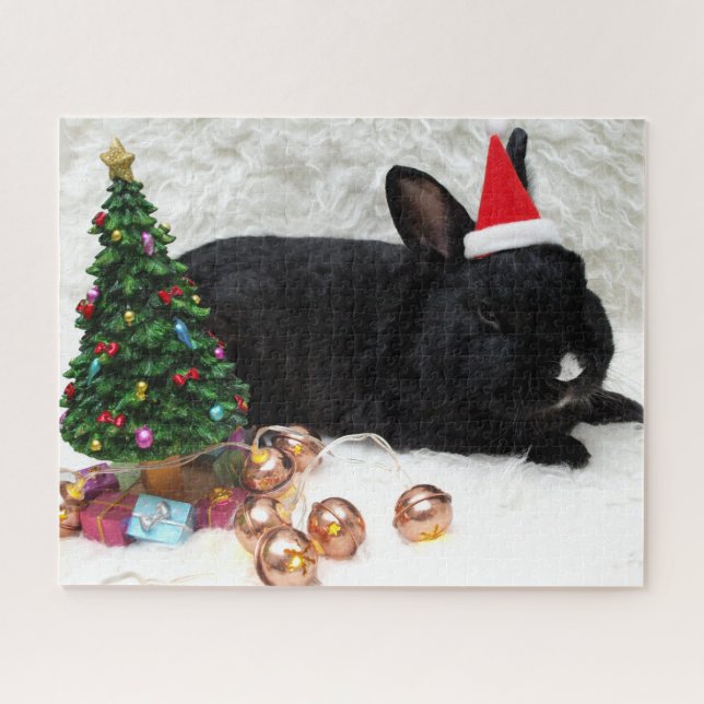 Puzzle Lapin de Noël dans un chapeau de Noël (Horizontal)