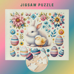 Puzzle Lapin de Pâques mignon Œufs Fleurs Motif -