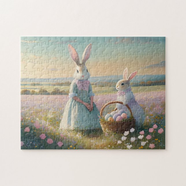 Puzzle Lapin de Pâques vintage dans un champ de fleurs sa (Horizontal)