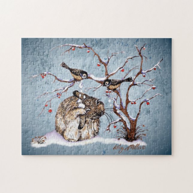 Puzzle Lapin Et Oiseaux De Neige (Horizontal)