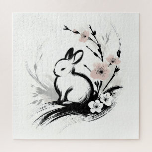Puzzle Lapin Zen Minimaliste de Printemps Cerisier en Fle