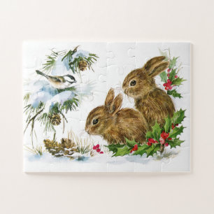 Puzzle Lapins mésanges Noël Holly Xmas
