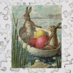 Puzzle Lapins vintage dans un bateau, salutations de Pâqu