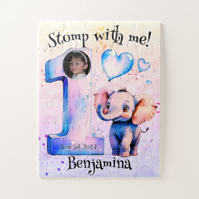 Puzzle Lavande Whimsical Eléphant rose 1er Anniversaire (Vertical)