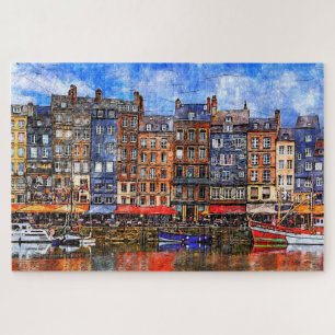 Puzzle Le front de mer du port de Honfleur en Normandie, 