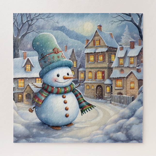 Puzzle Le gentil bonhomme de neige dans le village (Vertical)