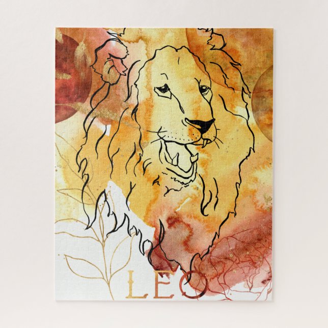 Puzzle Leo Lion anniversaire zodiac or noir aquarelle (Vertical)