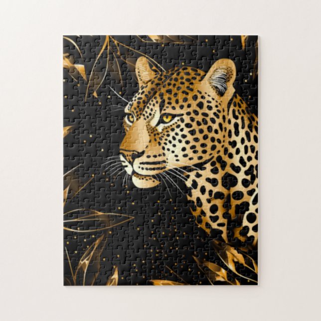 Puzzle Léopard Guépard Noir Or Jungle Safari Feuilles (Vertical)