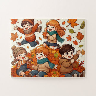 Puzzle Les enfants jouent avec un tas de feuilles tombés