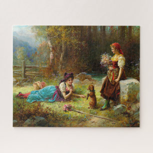 Puzzle Les femmes vintages et un chien Brown à la forêt