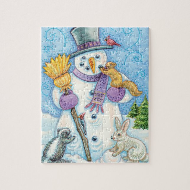 Puzzle Les mignons animaux construire un bonhomme de neig (Vertical)
