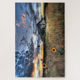 Puzzle Les tournesols et la vieille grange en bois