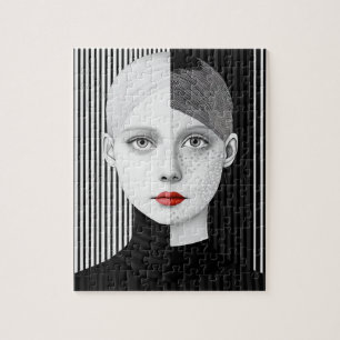 Puzzle Lèvres rouges surréalistes à visage noir et blanc