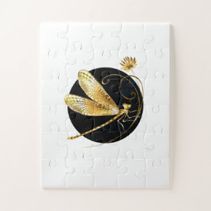 Puzzle libellule d'or en cercle noir