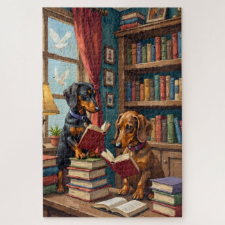 Puzzle Librairie drôle de Dachshund Lecture Amant du chie