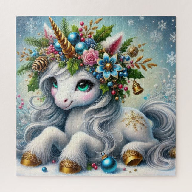 Puzzle licorne blanche de Noël avec corne d'or (Vertical)