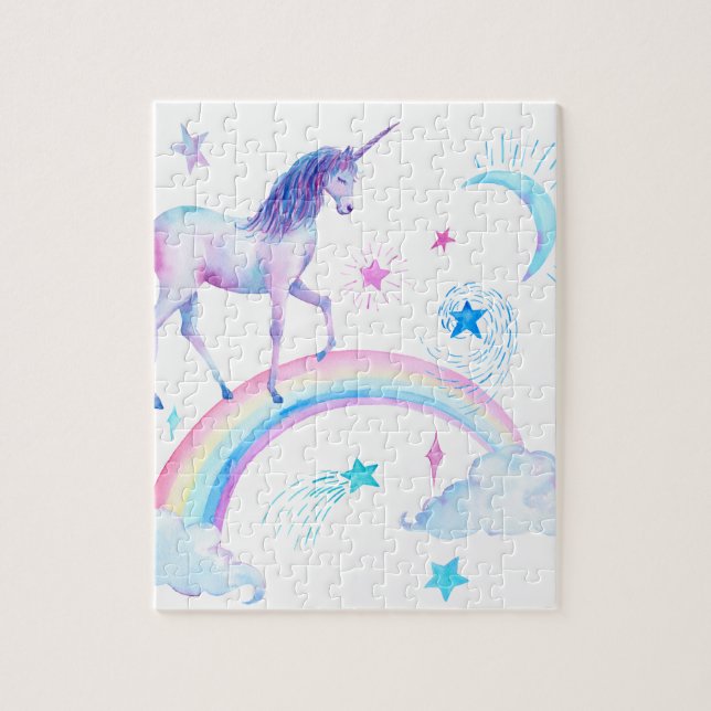 Puzzle Licorne d'aquarelle au-dessus de l'arc-en-ciel (Vertical)