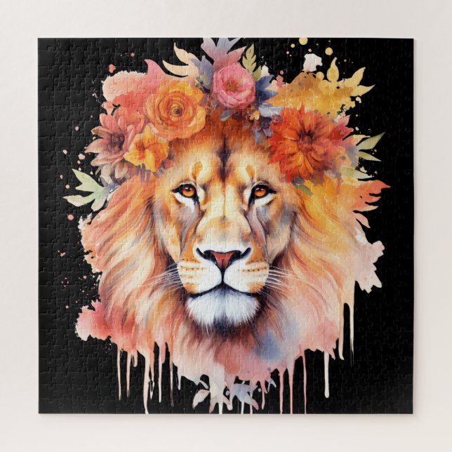 Puzzle Lion Pastel Fleurs Safari Aquarelle Savannah Chat (Vertical)