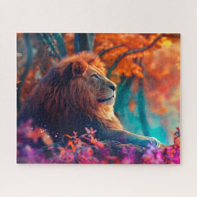 Puzzle Lion royal dans la conception forestière enchantée (Horizontal)