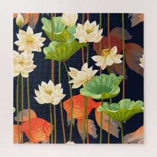 Puzzle Lotus blanc, poisson : motif sans soudure.
