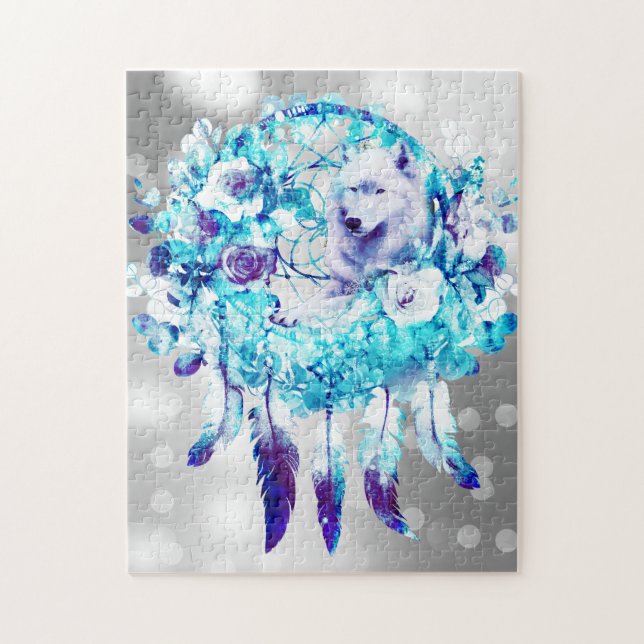 Puzzle Loup blanc Dreamcatcher bleu violet Floral (Vertical)