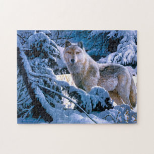 Puzzle Loup dans la peinture de la forêt d'hiver