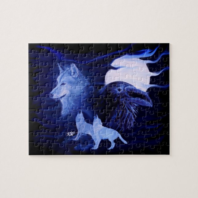 Puzzle Loup et corbeau avec pleine lune (Horizontal)