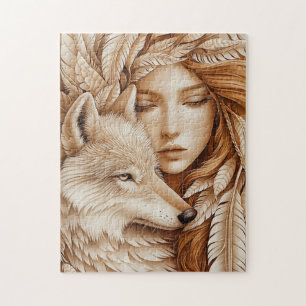 Puzzle Loup et femme en plumes