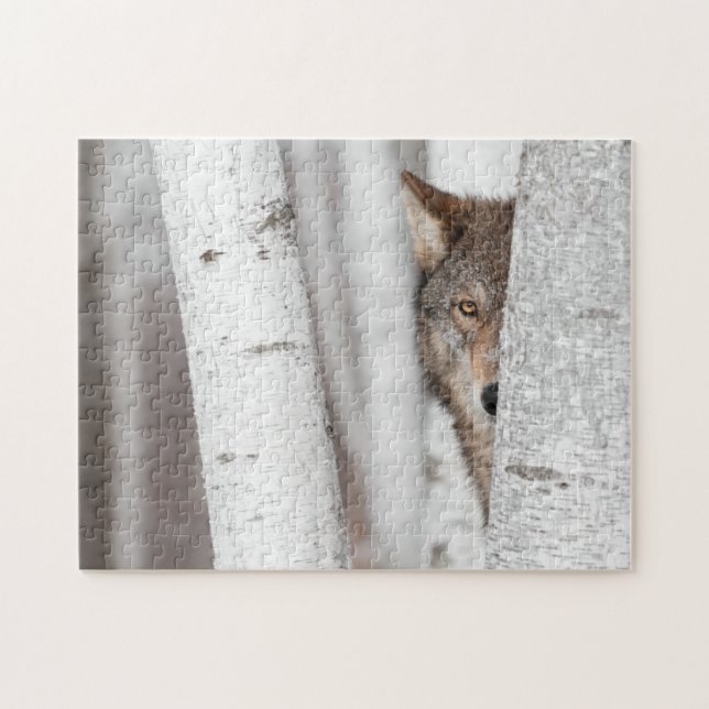 Puzzle Loup gris (lupus de Canis) derrière l'arbre (Horizontal)