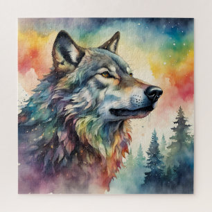 Puzzle Loup majestueux dans un monde arc-en-ciel