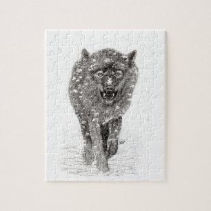Puzzle Loup noir en colère dans la neige, hiver sauvage