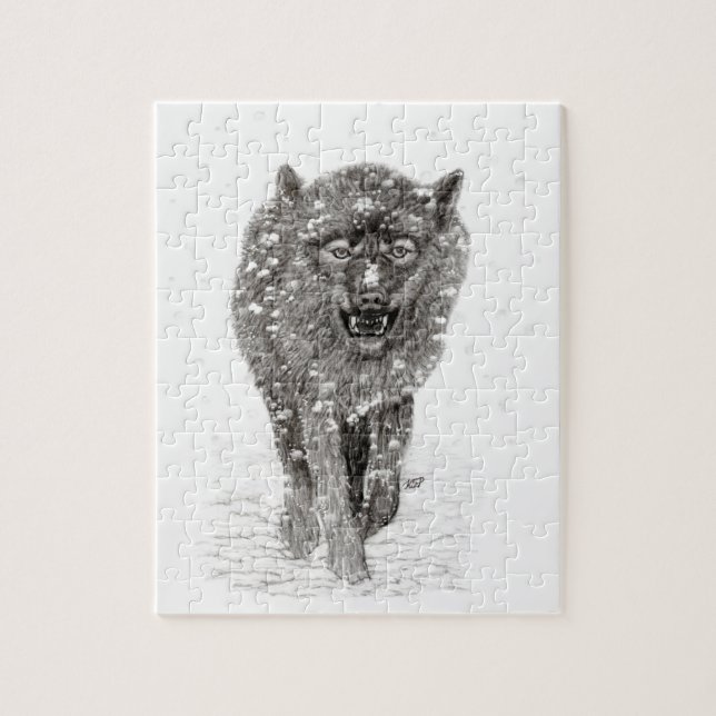 Puzzle Loup noir en colère dans la neige, hiver sauvage (Vertical)