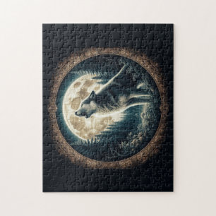 Puzzle Loup vintage et lune classique
