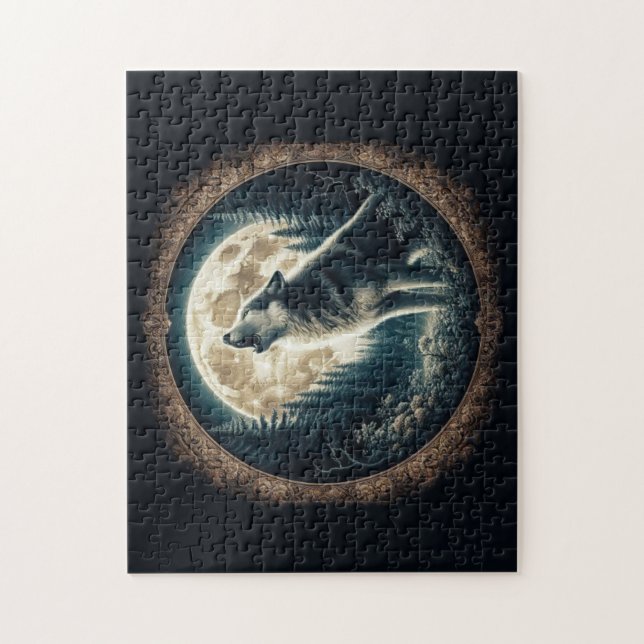 Puzzle Loup vintage et lune classique (Vertical)