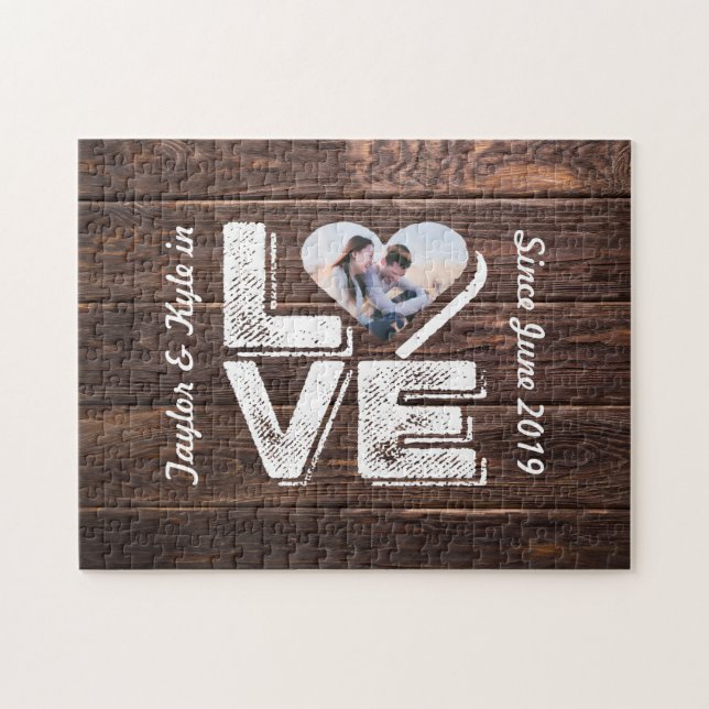 Puzzle Love Rustic Woodland Photo Heart Frame monogram (Horizontal)