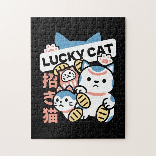 Puzzle Lucky Cat Art – Maneki Neko with Gold Coin (Vertical)