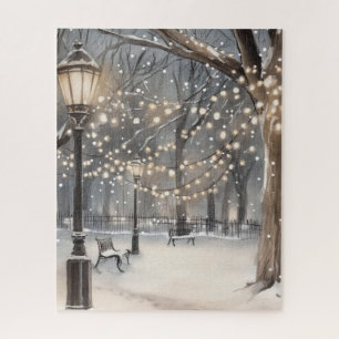 Puzzle Lumières de Noël à cordes dans un parc enneigé une