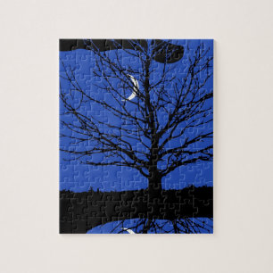 Puzzle Lune avec arbre, Bleu Cobalt, Noir et Blanc