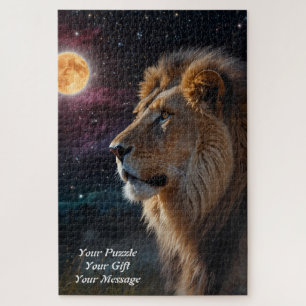 Puzzle Lune Majesté - Lion royal sous ciel étoilé
