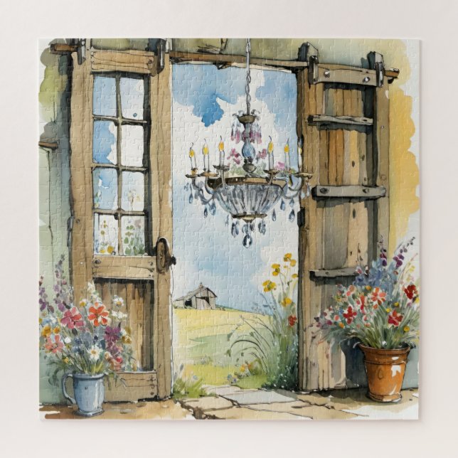 Puzzle Lustre de grange et vue de la ferme aquarelle flor (Vertical)