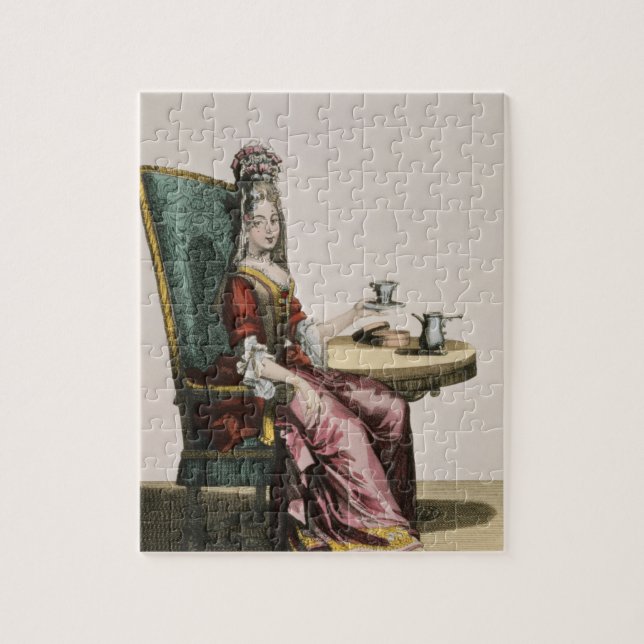 Puzzle Madame Taking Coffee, plat de mode, c.1695 (Vertical)
