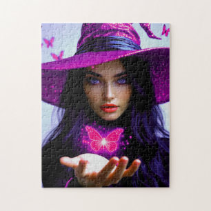 Puzzle Magenta Halloween sorcière magique avec des papill