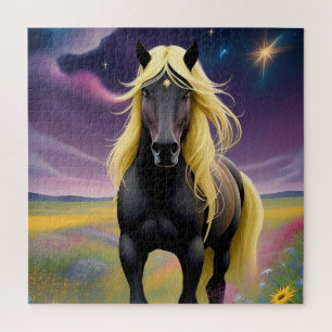 Puzzle Magnifique cheval noir à la crinière dorée ondoyan