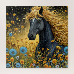 Puzzle Magnifique étalon noir parmi des fleurs sauvages v