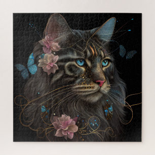 Puzzle Maine Coon chat avec papillon et fleurs IA art